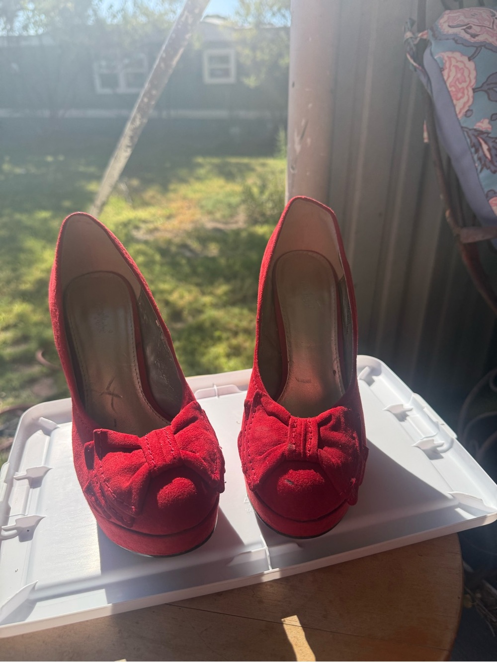 Limelight Red Suede Bow Peep-Toe Platform Heels